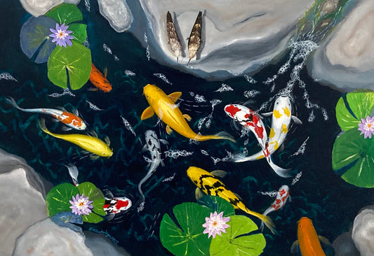 Original Oil Painting - "Minnows Inbound", Koi pond