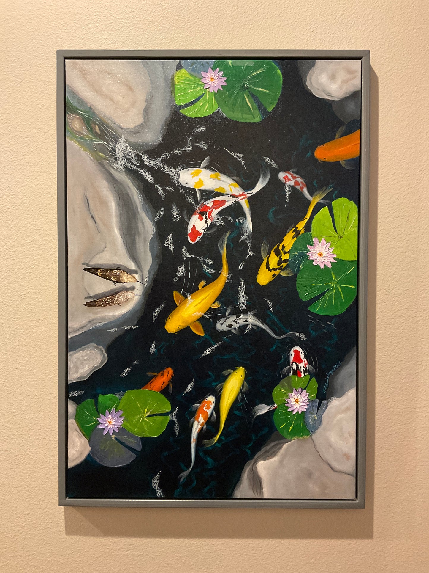 Original Oil Painting - "Minnows Inbound", Koi pond